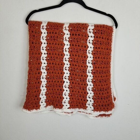 Handmade Crochet Burnt Orange & White Blanket - Picture 1 of 4